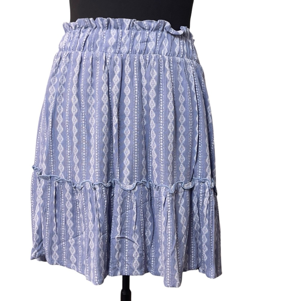 Pink Rose Blue/White Denim Vertical Geometric Print Mini Skirt Large Ruffles NEW